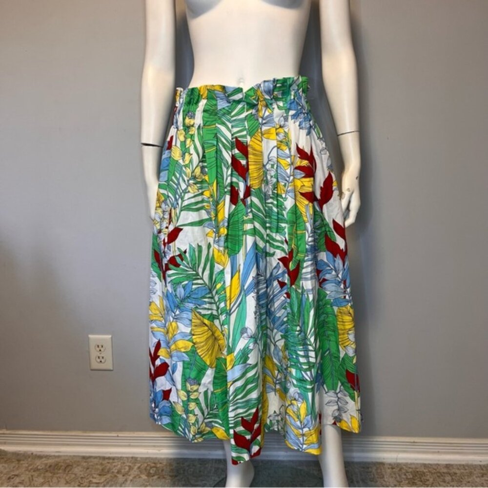 Zara Green Tropical Print Paper Bag A-Line Midi Skirt Size L